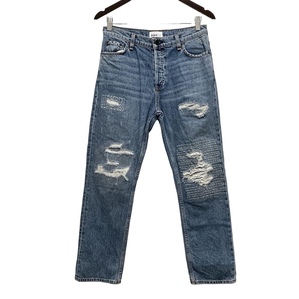 ASKK NY Straight Leg Distressed Embroidered Stitch Blue Jean Size 27